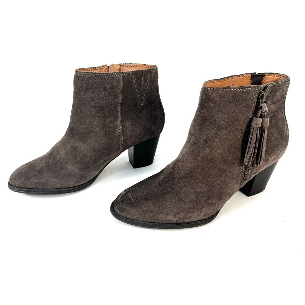 Vionic Madeline Womans 9 Suede Tassel Zipper Block Heel Ankle Boot Taupe Gray